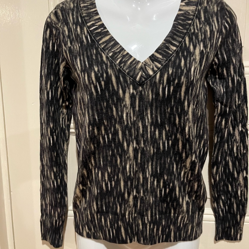 Tory Burch 100% Wool V Neck Sweater Size Small XL Condition Black Green Beige